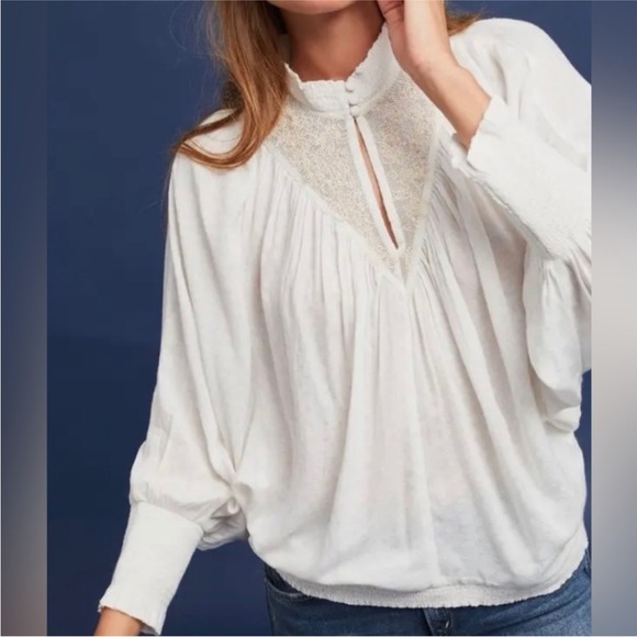 featherbone Tops - Women's Cream Beaded Highneck Dolman Featherbone Edda Peasant Long-Sleeve Size S